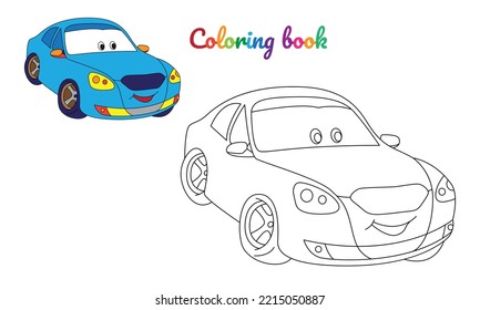 Cartoon little blue car sedan for boys. Small funny vector cute vehicle with eyes and mouth. Comic character for kids on white background. Coloring page for children, color and linear illustration.