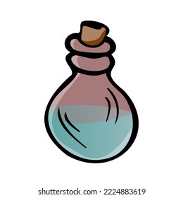A cartoon little bottle with a potion. A magic potion in a bottle with purple liquid. Close-up, highlighted on a white background. Chemical or alchemical elixir. Vector illustration for any design.