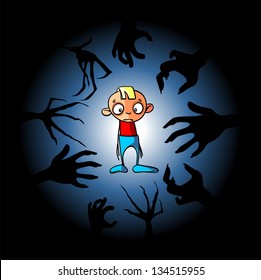 Cartoon little boy afraid of the dark hands