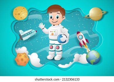 Cartoon of little boy astronaut with spaceship and planets, space elements illustration