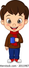 Cartoon little boy in autumn clothes holding cup