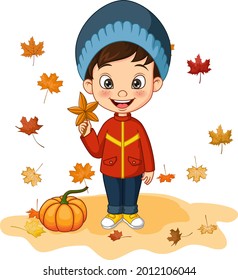 Cartoon Little Boy In Autumn Clothes And Falling Leaves