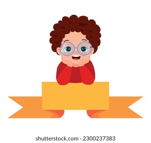 Cartoon little boy with a banner on a white background