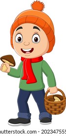 Cartoon little boy with basket of mushrooms