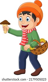 Cartoon little boy with basket of mushrooms