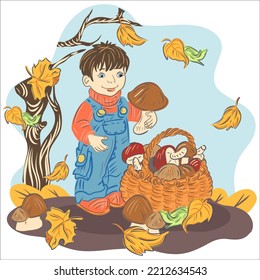 Cartoon little boy with a basket for mushrooms in the forest. Vector season.
