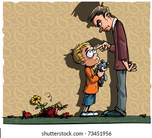 Cartoon of little boy being told off by his father