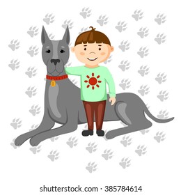 Cartoon little boy and big dog.