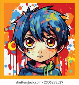 A cartoon of a little boy with big eyes. vector illustration anime style, colorful, abstract, digital art