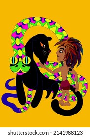 Cartoon with little boy and black leopard. Great as artistic print, fairy tale or childrens book illustration.  
