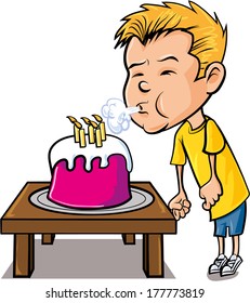 Cartoon little boy blowing out candles. Isolated on white