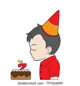 Cartoon little boy blowing out candle on birthday cake