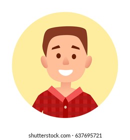 Cartoon little boy with broad smile in plaid shirt portrait in yellow circle isolated in white background. Happy kid vector illustration.