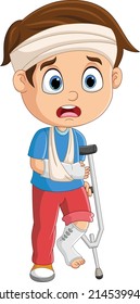 Cartoon little boy with broken arm and leg