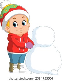 Cartoon little boy building a snowman of illustration