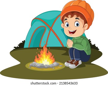 Cartoon little boy camping near campfire and tent