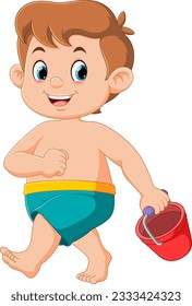 Cartoon little boy carrying red bucket of illustration