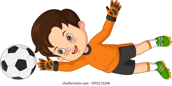 Cartoon little boy catching the soccer ball