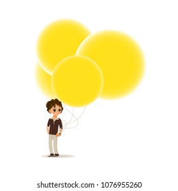 Cartoon little boy child walking holding yellow air balloons smiling. Happy male kid character celebration party invitation card design. Isolated vector illustration