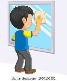 Cartoon little boy cleaning mirror