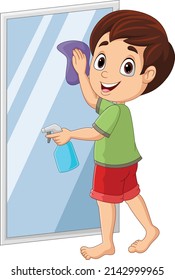 Cartoon little boy cleaning a mirror