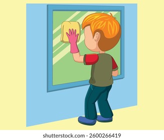 Cartoon little boy cleaning mirror vector illustration