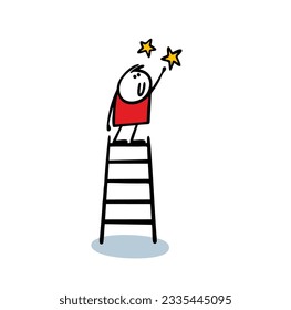 Cartoon little boy climbed up the stairs and reached for the stars. Vector illustration stickman believes in his dream. Funny character isolated on white background.