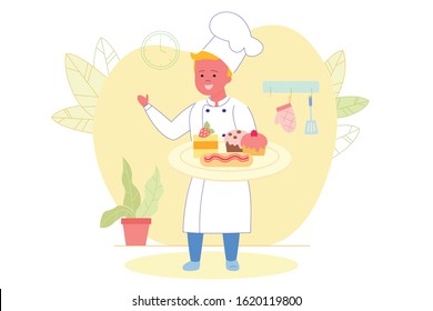 Cartoon Little Boy Cook Chef Character in White Uniform Holding Different Decorated Baked Sweets Cupcakes, Cakes, Cookies on Round Tray. Children Culinary Hobby. Vector Cutout Illustration