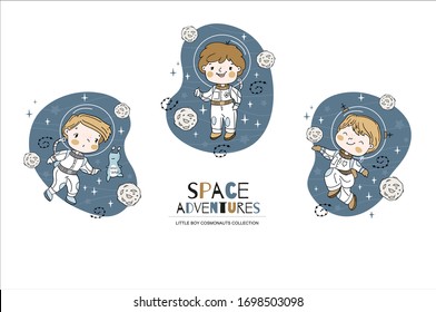 Cartoon little boy cosmonauts collection. Hand drawn illustration. Surface design vector illustration.