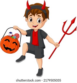 Cartoon little boy in costume devil holding a lucifer and candy basket in pumpkin
