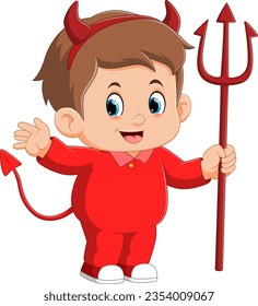 Cartoon little boy in costume devil holding a lucifer of illustration