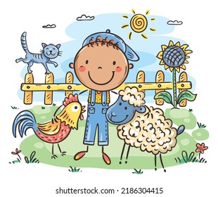 Cartoon little boy at countryside with farm animals. Farm scene with child cartoon character and farm animals: rooster and sheep