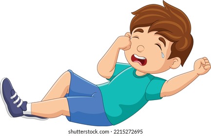 Cartoon little boy crying on white background