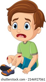 Cartoon Little Boy Crying With Scraped Knee