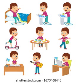 cartoon little boy daily routine, illustration,vector