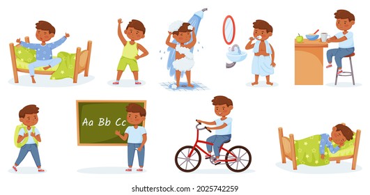 Caricatura de un niño pequeño, actividades diarias de rutina matutina y nocturna. Niño feliz despertando, haciendo ejercicio, estudiando. Juego de vectores de estilo de vida diario para niños. Carácter masculino montando bicicleta, aprendiendo en la escuela