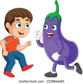 Cartoon little boy dancing with eggplant mascot character