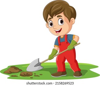 Cartoon little boy digging hole with shovel