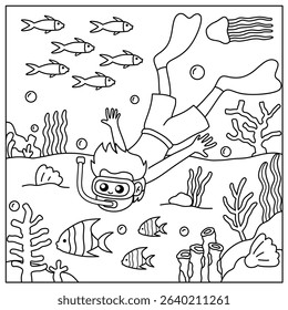 cartoon of a little boy diving enjoying the underwater world and biota. Illustration sketch for coloring book with underwater adventure theme