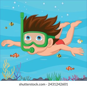 Cartoon little boy diving in underwater sea