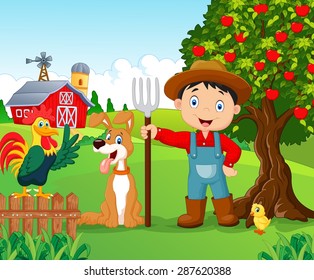 Cartoon little boy and dog in the farm