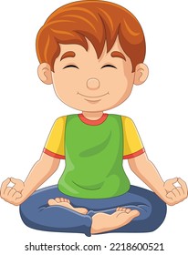 Cartoon little boy doing lotus yoga position