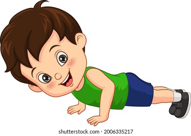 Cartoon little boy doing push up