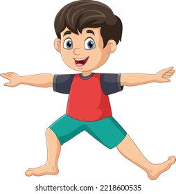 Cartoon Little Boy Doing Warrior Yoga Pose