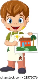 Cartoon little boy drawing house on paper