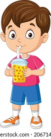 Cartoon little boy drink bubble milk tea