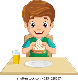 Cartoon little boy eating bread