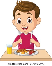 Cartoon little boy eating breakfast