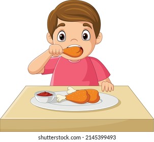 Cartoon little boy eating fried chicken