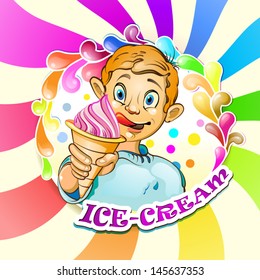 Cartoon little boy eating ice cream